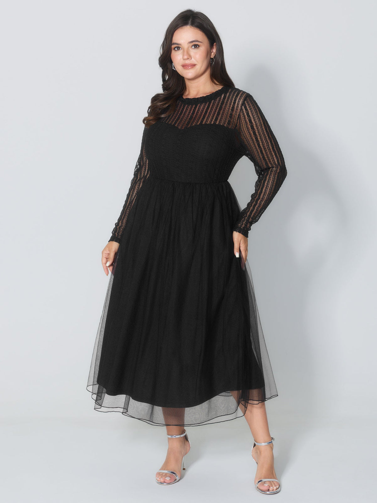 Mock Neck Sheer Stretchy Midi Dress