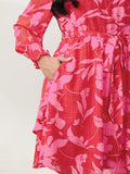 Floral Print Pleated Waist Mock Neck Mini Dress