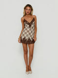 Call My Lover Lace Slip Mini Dress Brown Check