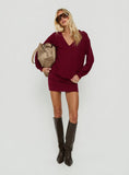 Solena Blouson V Neck Knit Mini Dress Burgundy