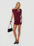 Florencie Draped Off Shoulder Mini Dress Wine