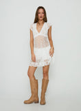 Afortunata Sheer Lace Frill Mini Dress White Polka Dot