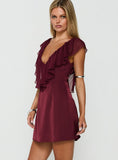 Madibelle V Neck Frill Mini Dress Wine