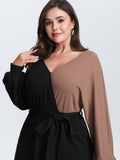 Surplice Neck Color Block Tie Waist Midi Dress