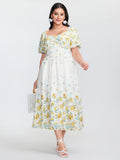 Floral Print Shirred Bodice Triangular Waist Midi Dress