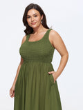 Shirred Round Neck Pockets Midi Dress