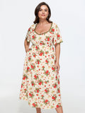 Strawberry Print Lace Detail Pockets Midi Dress