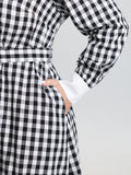 Checkered Pattern Color Contrast Shirt Midi Dress