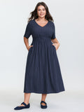 Striped V-Neck Shirred Waist Midi Dress