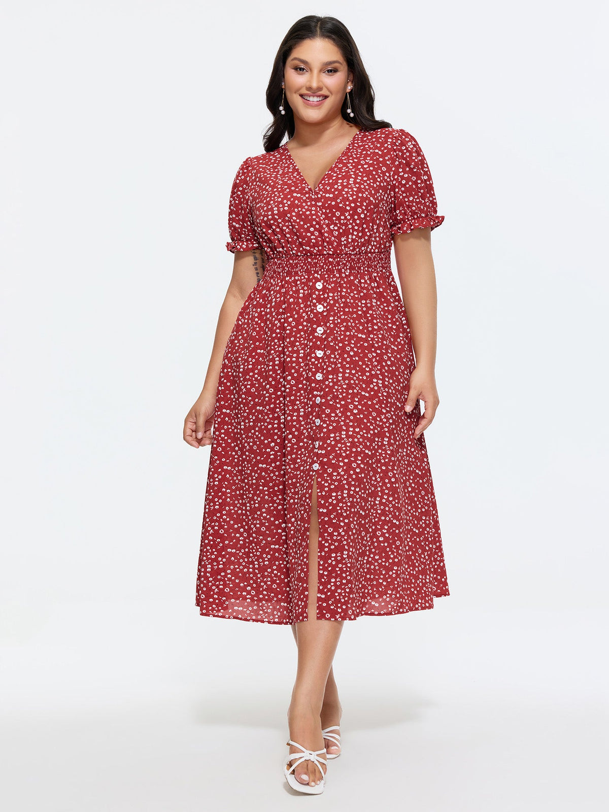Micro Floral Print Button Split Hem Midi Dress