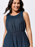 Lace Neckline Cut-Out Ruffled Hem Midi Dress