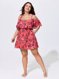 Floral Ruffle Trim Off Shoulder Pockets Swim Dress