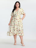 Floral Print Wrap Neckline Pockets Midi Dress