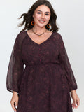 Sheer Sleeve Contrast V-Neck Midi Dress