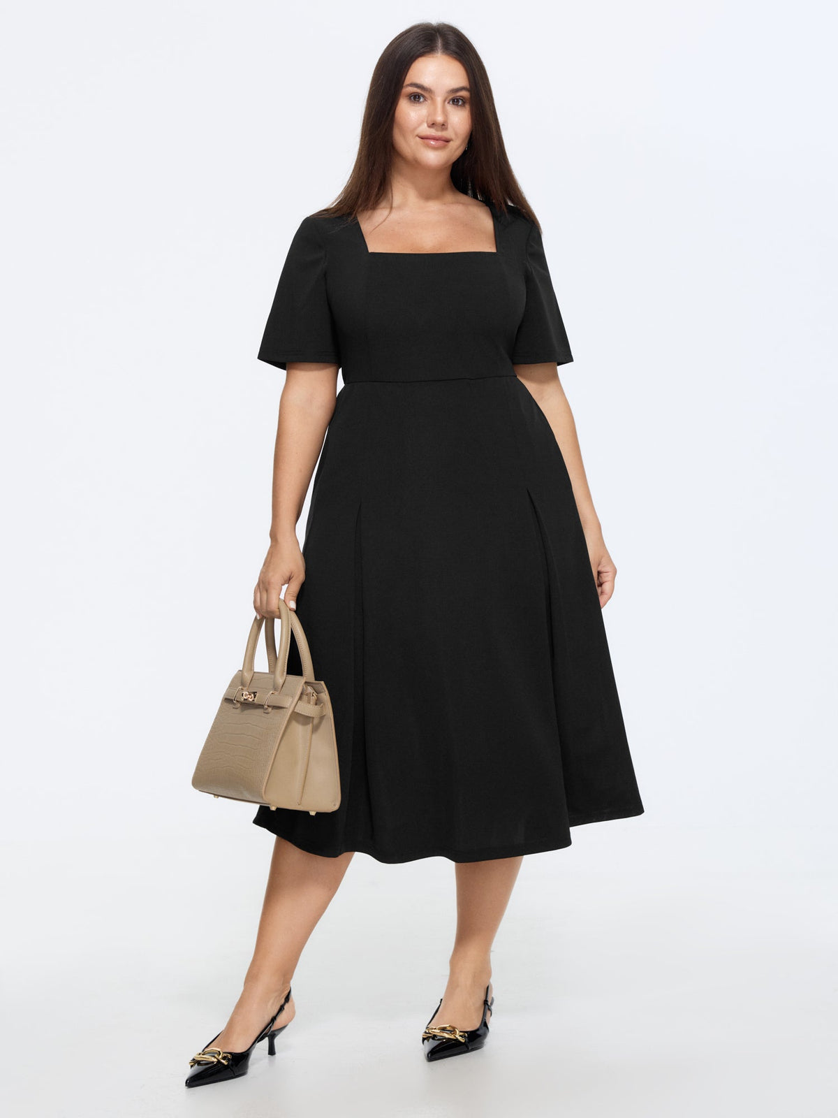 Classic Square Neckline Plain Midi Dress