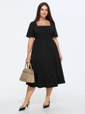 Classic Square Neckline Plain Midi Dress
