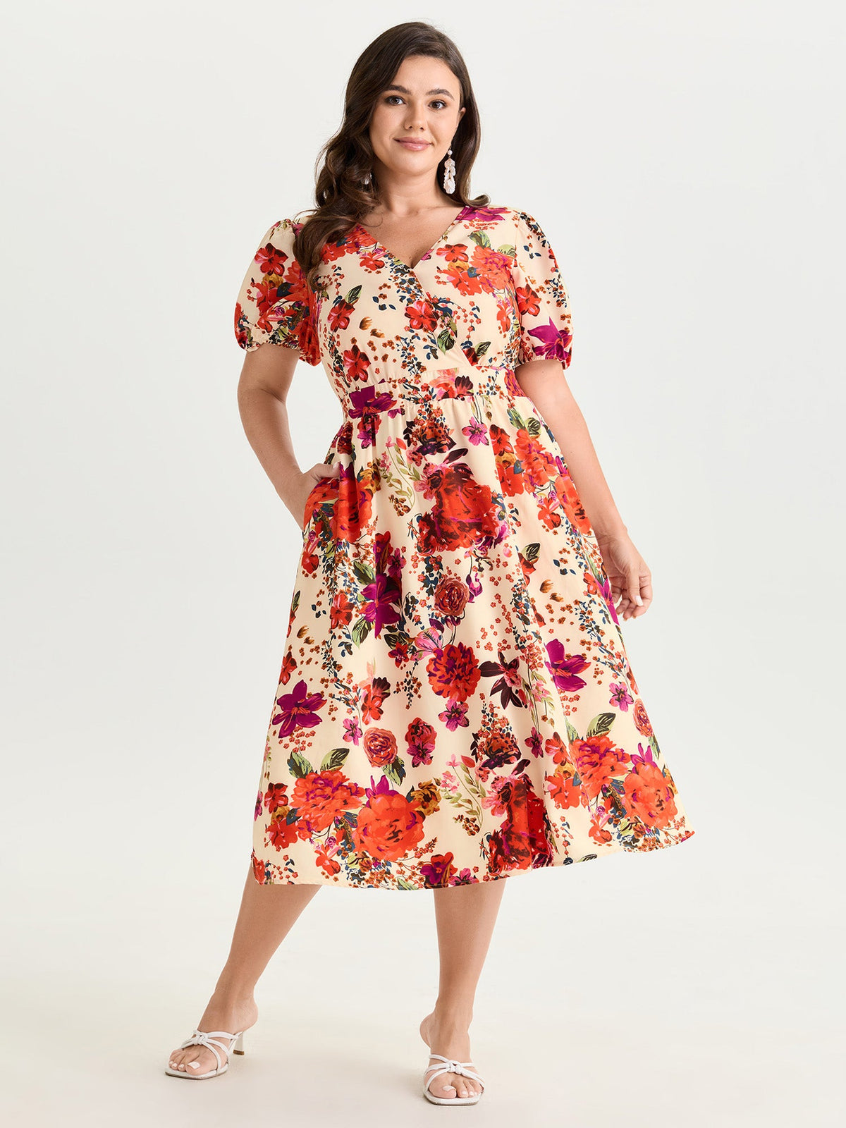 Floral Print Shirred Waist Midi Dress