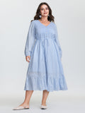 Cotton Striped Waist-Drawstring Tiered Midi Dress