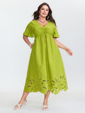Ruched Bodice Embroidered Cut Out Midi Dress