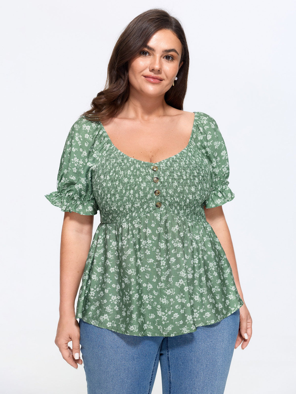 Floral Print Shirred Fit And Flare Blouse