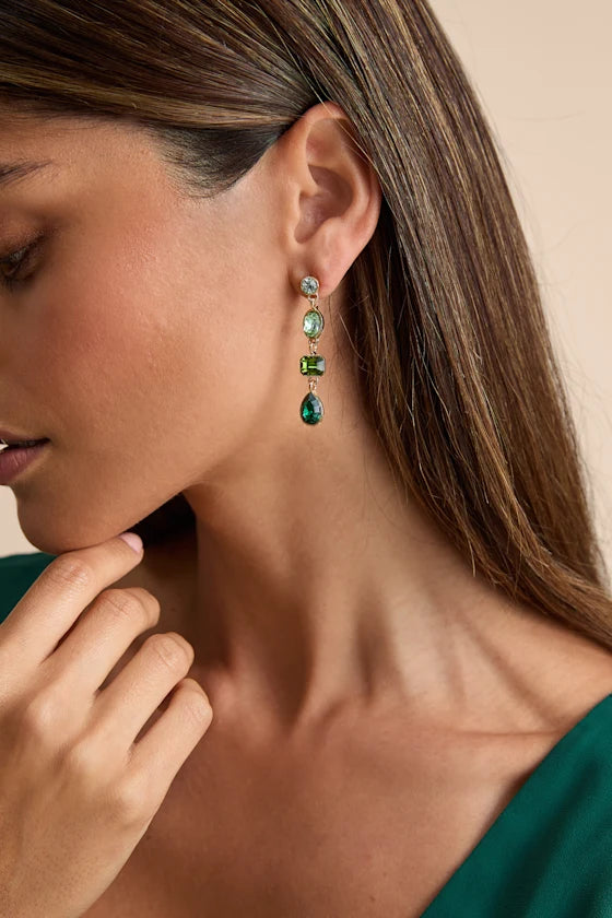 Green Ombre Drop Earrings - Green Rhinestone Earrings