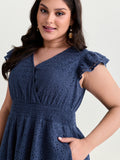 Cotton Textured Wrap Neckline Layered Sleeve Mini Dress