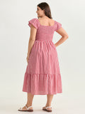 Cotton Gingham Print Shirred Bodice Midi Dress