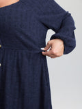 Textured Stretchy Waist Button Detail Midi Dress