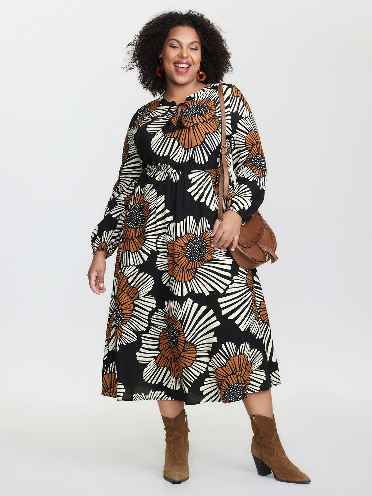 Large Floral Print Notched Collar Midi Dress