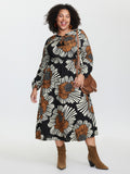 Large Floral Print Notched Collar Midi Dress