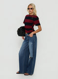 Ramos Low Rise Double Button Distressed Wide Leg Denim Jeans Mid Blue