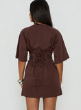 Enzia Raglan Lace Up Mini Dress Brown