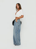 Ramos Low Rise Double Button Wide Leg Denim Jeans Light Vintage Blue