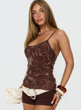 Leocadia Scoop Neck Bead Detail Top Chocolate