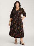 Floral Branch Print Lace Trim Midi Dress