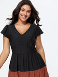Colorblock Tiered Ruffled Sleeve Maxi Dress