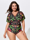 Sarong Set Tropical Print Sheer One-Piece Swim