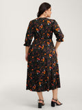 Floral Branch Print Lace Trim Midi Dress