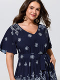 Boho Floral Print Belted Midi Dress