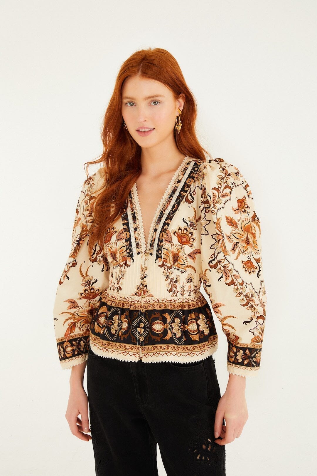 Sand Majestic Garden Lace Puff Sleeve  Blouse