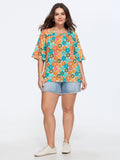 Cotton Floral Print Ruffle Mid Sleeve Top