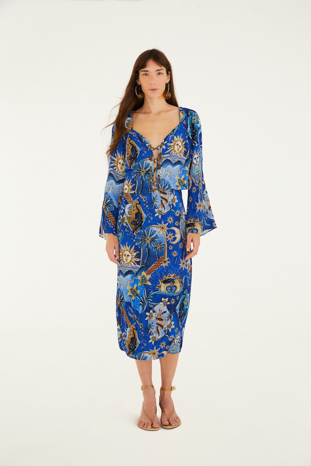 Blue Mystical Front Cut-Out Crop Blouse and Skirt Set