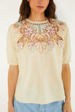 Beige Flower Embroidery Short Sleeve Blouse