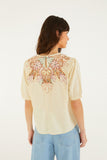Beige Flower Embroidery Short Sleeve Blouse