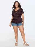 Cotton Floral Print V Neck Side Drawstring T-Shirt