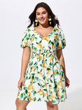 Supersoft Lemon Print Shirred Waist Mini Dress