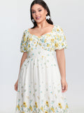 Floral Print Shirred Bodice Triangular Waist Midi Dress