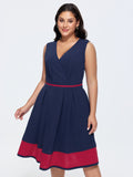 Color Contrast Pleated V-Neck Midi Dress