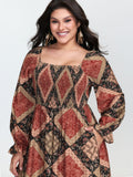 Geometric Print Shirred Bodice Midi Dress