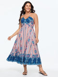 Geometric Print Halter Neckline Shirred Midi Dress